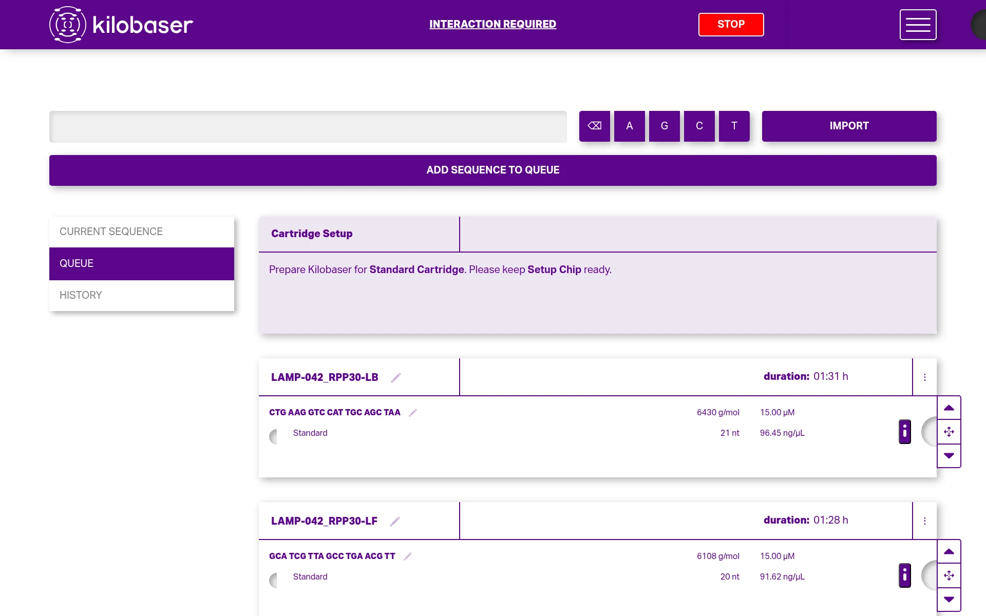 The queue on the device, showing an automatically inserted cartridge setup step above an oligo submitted through the API