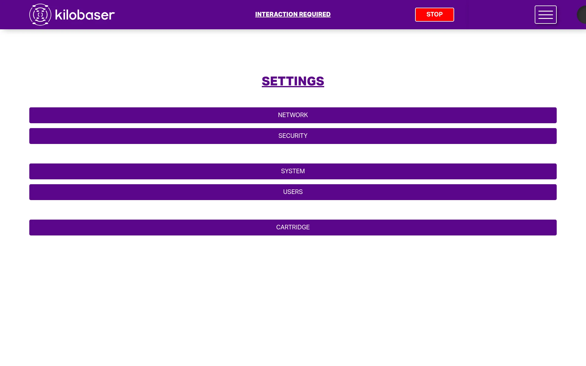 The settings menu on the device, listing network, security, system, users and cartridge sections